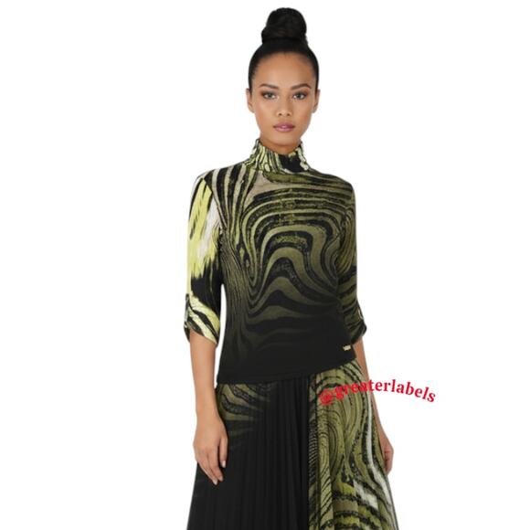 Vintage Roberto Cavalli Mock Neck Stretch Top Signed Print Green Black Size M - Picture 1 of 14